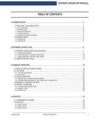 AUGUST 2005 TABLE OF CONTENTS i
SIEMENS OPERATOR MANUAL
TABLE OF CONTENTS
1.0 POWER ON /OFF ......................................................................................................................................1
1.1 PRE-START CHECKING STEPS .......................................................................................................2
1.1.1 OIL RESERVOIR .................................................................................................................................2
1.1.2 AIR PRESSURE ..................................................................................................................................2
1.1.3 WATER RESERVOIR ...........................................................................................................................3
1.1.4 FLOOD COOLANT................................................................................................................................3
1.1.5 SPINDLE COOLER RESERVOIR ............................................................................................................3
1.2 POWER ON/OFF ................................................................................................................................4
1.2.1 POWER ON ........................................................................................................................................4
1.2.2 POWER OFF ......................................................................................................................................4
2.0 PENDANT LAYOUT / HHU .......................................................................................................................5
2.1 PENDANT HARD KEYS FUNCTION GUIDE ......................................................................................7
2.1.1 PENDANT KEYBOARD .........................................................................................................................7
2.1.2 UPPER MACHINE CONTROL PANEL (MCP) ..........................................................................................10
2.1.3 LOWER MACHINE CONTROL PANEL (MCP) ...........................................................................................13
2.2 HAND HELD UNIT (HHU) ...................................................................................................................15
3.0 MANUAL OPERATION .............................................................................................................................19
3.1 MANUAL DATA AUTOMATIC (MDA) .................................................................................................20
3.2 JOG MODE .........................................................................................................................................21
3.2.1 SETTING INCREMENT ........................................................................................................................21
3.2.2 RAPID JOG ........................................................................................................................................24
3.3 TOOL OPERATION .............................................................................................................................25
3.3.1 MANUAL TOOL LOADING AND UNLOADING ...........................................................................................25
3.3.2 LOADING AND UNLOADING A TOOL FROM TOOL CHANGER (ATC) ..........................................................26
3.4 MANUALLY JOGGING THE DATC .....................................................................................................27
3.5 SPINDLE OPERATION .......................................................................................................................28
3.5.1 ESTABLISHING SPINDLE RPM ..............................................................................................................28
3.5.2 SPINDLE START .................................................................................................................................29
3.5.3 SPINDLE OFF .....................................................................................................................................29
4.0 OFFSETS ...................................................................................................................................................31
4.1 COORDINATE SYSTEMS ..................................................................................................................32
4.2 OFFSETS ............................................................................................................................................34
4.2.1 BASE OFFSET ....................................................................................................................................34
4.2.2 ZERO OFFSET ....................................................................................................................................34
4.2.3 TOOL OFFSET ....................................................................................................................................34
 