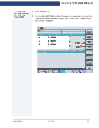 AUGUST 2005 OFFSETS 47
SIEMENS OPERATOR MANUAL
4.2.6 USING THE
MEASURE TOOL SOFT
KEY TO SET THE
TOOL OFFSET
1. Press JOG hard key.
2. Press the MEASURE TOOL soft key. The operator has six options to choose from:
Length Manual, Diameter Manual, Length Auto, Diameter Auto, Calibrate probe
and Calibrate Fixed point.
 