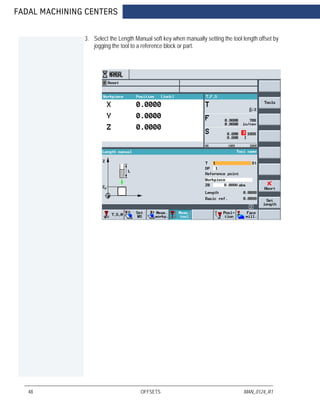 FADAL MACHINING CENTERS
48 OFFSETS MAN_0124_R1
3. Select the Length Manual soft key when manually setting the tool length offset by
jogging the tool to a reference block or part.
 