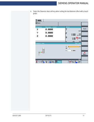 AUGUST 2005 OFFSETS 51
SIEMENS OPERATOR MANUAL
6. Select the Diameter Auto soft key when setting the tool diameter offset with a touch
probe.
 