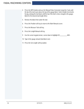 FADAL MACHINING CENTERS
58 OFFSETS MAN_0124_R1
4. Press the MPG button and use the Manual Pulse Generator to jog the Z axis until
the tip of the tool is just above the top of the gauge block. Select smaller increments
for jog, and jog the tool down until the tip of the tool is close enough to the gauge-
block for the desired tool length offset.
5. Remove the block from under the tool.
6. Press the Position soft key to return to the Main Manual screen.
7. Press the Measure Tool soft key.
8. Press the Length Manual soft key.
9. Use the cursor keypad arrows, cursor down to highlight Z0 _________ ABS.
10. Type in the gauge amount (tool block size).
11. Press the Set Length soft key button.
 
