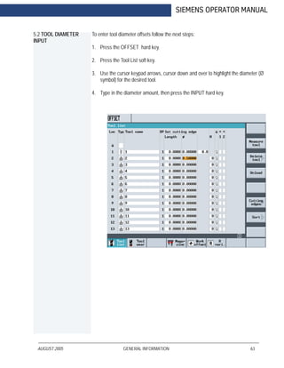AUGUST 2005 GENERAL INFORMATION 63
SIEMENS OPERATOR MANUAL
5.2 TOOL DIAMETER
INPUT
To enter tool diameter offsets follow the next steps:
1. Press the OFFSET hard key.
2. Press the Tool List soft key.
3. Use the cursor keypad arrows, cursor down and over to highlight the diameter (Ø
symbol) for the desired tool.
4. Type in the diameter amount, then press the INPUT hard key.
 