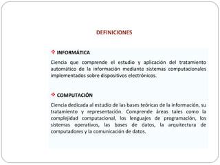 DEFINICIONES
 INFORMÁTICA
Ciencia que comprende el estudio y aplicación del tratamiento
automático de la información mediante sistemas computacionales
implementados sobre dispositivos electrónicos.
 COMPUTACIÓN
Ciencia dedicada al estudio de las bases teóricas de la información, su
tratamiento y representación. Comprende áreas tales como la
complejidad computacional, los lenguajes de programación, los
sistemas operativos, las bases de datos, la arquitectura de
computadores y la comunicación de datos.
 