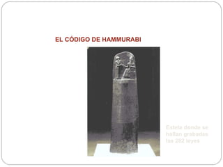 EL CÓDIGO DE HAMMURABI
Estela donde se
hallan grabadas
las 282 leyes
 