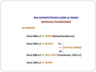 LA MINERÍA
Hacia 4000 a.C  COBRE (Malaquita) [Adornos]
Hacia 3500 a.C  BRONCE Cu
+ EDAD DEL BRONCE
Sn
Hacia 3000 a.C  ORO, PLATA [Tutankamon, 1325 a.C]
Hacia 1200 a.C  HIERRO
ERA ANTROPOTÉCNICA [3000 aC-900dC]
ANTIGUAS CIVILIZACIONES
 