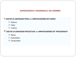 SUPERVIVENCIA Y DESARROLLO DEL HOMBRE
 USO DE LA CAPACIDAD FÍSICA ⇒ AMPLIFICADORES DE FUERZA
 Palanca
 Polea
 Turbina
 USO DE LA CAPACIDAD INTELECTUAL ⇒ AMPLIFICADORES DE “INTELIGENCIA”
 Ábaco
 Calculadora
 Computador
 