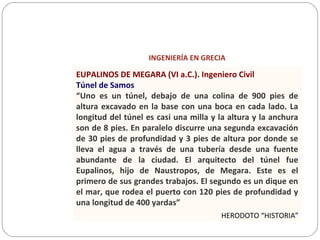 INGENIERÍA EN GRECIA
EUPALINOS DE MEGARA (VI a.C.). Ingeniero Civil
Túnel de Samos
“Uno es un túnel, debajo de una colina de 900 pies de
altura excavado en la base con una boca en cada lado. La
longitud del túnel es casi una milla y la altura y la anchura
son de 8 pies. En paralelo discurre una segunda excavación
de 30 pies de profundidad y 3 pies de altura por donde se
lleva el agua a través de una tubería desde una fuente
abundante de la ciudad. El arquitecto del túnel fue
Eupalinos, hijo de Naustropos, de Megara. Este es el
primero de sus grandes trabajos. El segundo es un dique en
el mar, que rodea el puerto con 120 pies de profundidad y
una longitud de 400 yardas”
HERODOTO “HISTORIA”
 