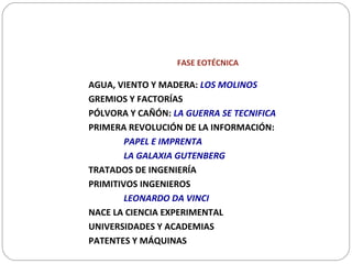 FASE EOTÉCNICA
AGUA, VIENTO Y MADERA: LOS MOLINOS
GREMIOS Y FACTORÍAS
PÓLVORA Y CAÑÓN: LA GUERRA SE TECNIFICA
PRIMERA REVOLUCIÓN DE LA INFORMACIÓN:
PAPEL E IMPRENTA
LA GALAXIA GUTENBERG
TRATADOS DE INGENIERÍA
PRIMITIVOS INGENIEROS
LEONARDO DA VINCI
NACE LA CIENCIA EXPERIMENTAL
UNIVERSIDADES Y ACADEMIAS
PATENTES Y MÁQUINAS
 