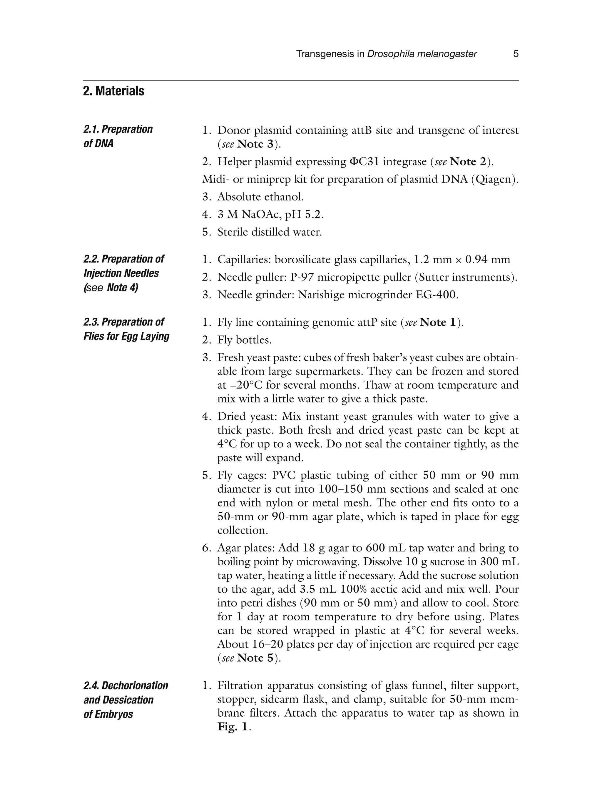 Transgenesis in Drosophila melanogaster 5
1. Donor plasmid containing attB site and transgene of interest
(see Note 3).
2. Helper plasmid expressing ΦC31 integrase (see Note 2).
Midi- or miniprep kit for preparation of plasmid DNA (Qiagen).
3. Absolute ethanol.
4. 3 M NaOAc, pH 5.2.
5. Sterile distilled water.
1. Capillaries: borosilicate glass capillaries, 1.2 mm × 0.94 mm
2. Needle puller: P-97 micropipette puller (Sutter instruments).
3. Needle grinder: Narishige microgrinder EG-400.
1. Fly line containing genomic attP site (see Note 1).
2. Fly bottles.
3. Fresh yeast paste: cubes of fresh baker’s yeast cubes are obtain-
able from large supermarkets. They can be frozen and stored
at −20°C for several months. Thaw at room temperature and
mix with a little water to give a thick paste.
4. Dried yeast: Mix instant yeast granules with water to give a
thick paste. Both fresh and dried yeast paste can be kept at
4°C for up to a week. Do not seal the container tightly, as the
paste will expand.
5. Fly cages: PVC plastic tubing of either 50 mm or 90 mm
diameter is cut into 100–150 mm sections and sealed at one
end with nylon or metal mesh. The other end fits onto to a
50-mm or 90-mm agar plate, which is taped in place for egg
collection.
6. Agar plates: Add 18 g agar to 600 mL tap water and bring to
boiling point by microwaving. Dissolve 10 g sucrose in 300 mL
tap water, heating a little if necessary. Add the sucrose solution
to the agar, add 3.5 mL 100% acetic acid and mix well. Pour
into petri dishes (90 mm or 50 mm) and allow to cool. Store
for 1 day at room temperature to dry before using. Plates
can be stored wrapped in plastic at 4°C for several weeks.
About 16–20 plates per day of injection are required per cage
(see Note 5).
1. Filtration apparatus consisting of glass funnel, filter support,
stopper, sidearm flask, and clamp, suitable for 50-mm mem-
brane filters. Attach the apparatus to water tap as shown in
Fig. 1.
2. Materials
2.1. Preparation
of DNA
2.2. Preparation of
Injection Needles
(see Note 4)
2.3. Preparation of
Flies for Egg Laying
2.4. Dechorionation
and Dessication
of Embryos
 