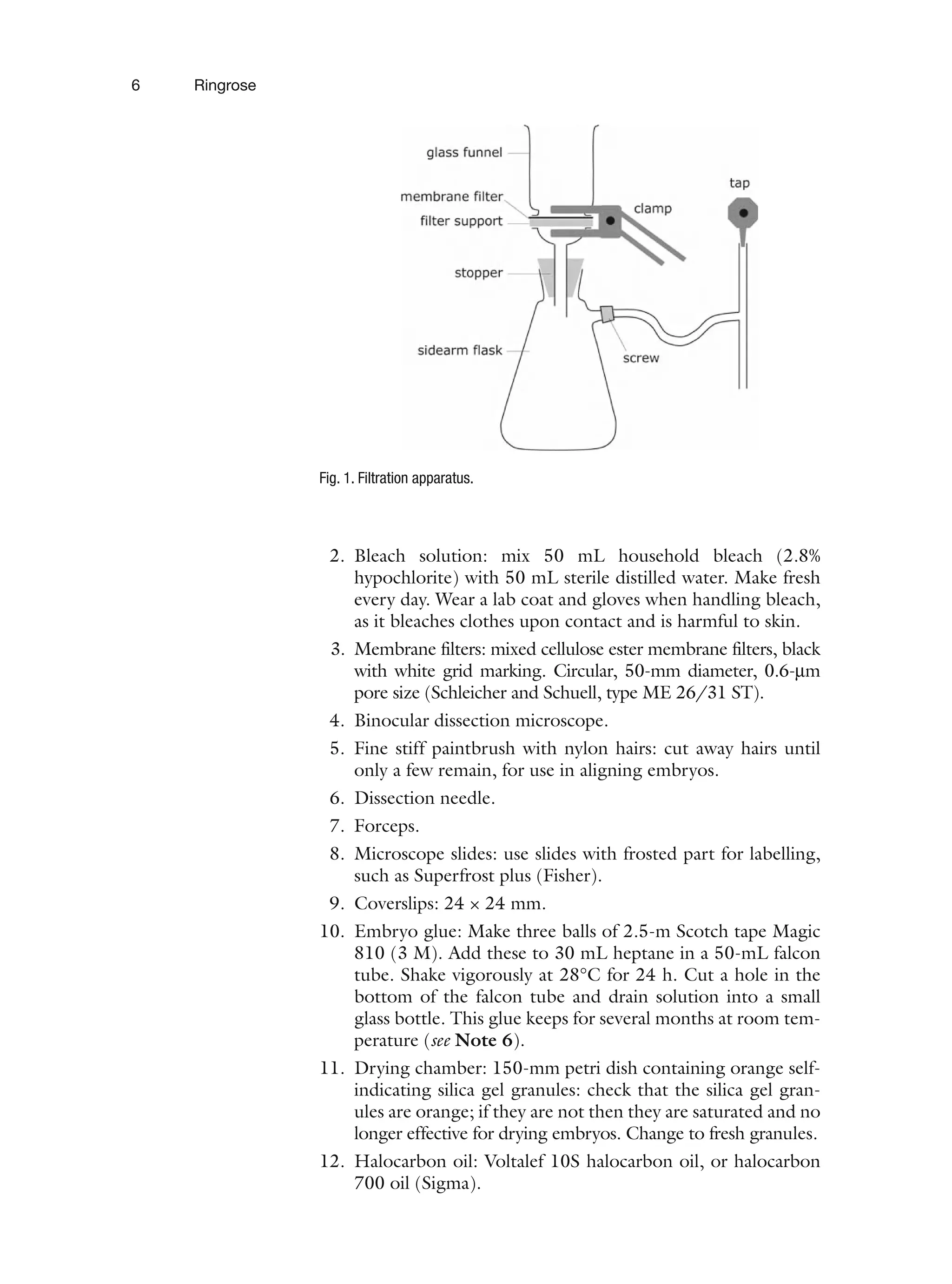 6 Ringrose
2. Bleach solution: mix 50 mL household bleach (2.8%
hypochlorite) with 50 mL sterile distilled water. Make fresh
every day. Wear a lab coat and gloves when handling bleach,
as it bleaches clothes upon contact and is harmful to skin.
3. Membrane filters: mixed cellulose ester membrane filters, black
with white grid marking. Circular, 50-mm diameter, 0.6-μm
pore size (Schleicher and Schuell, type ME 26/31 ST).
4. Binocular dissection microscope.
5. Fine stiff paintbrush with nylon hairs: cut away hairs until
only a few remain, for use in aligning embryos.
6. Dissection needle.
7. Forceps.
8. Microscope slides: use slides with frosted part for labelling,
such as Superfrost plus (Fisher).
9. Coverslips: 24 × 24 mm.
10. Embryo glue: Make three balls of 2.5-m Scotch tape Magic
810 (3 M). Add these to 30 mL heptane in a 50-mL falcon
tube. Shake vigorously at 28°C for 24 h. Cut a hole in the
bottom of the falcon tube and drain solution into a small
glass bottle. This glue keeps for several months at room tem-
perature (see Note 6).
11. Drying chamber: 150-mm petri dish containing orange self-
indicating silica gel granules: check that the silica gel gran-
ules are orange; if they are not then they are saturated and no
longer effective for drying embryos. Change to fresh granules.
12. Halocarbon oil: Voltalef 10S halocarbon oil, or halocarbon
700 oil (Sigma).
Fig. 1. Filtration apparatus.
 