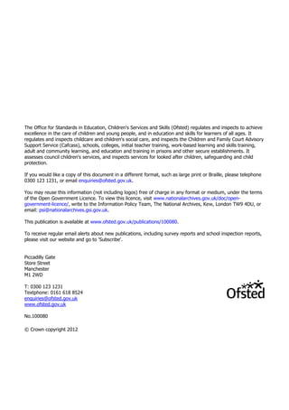 The Office for Standards in Education, Children's Services and Skills (Ofsted) regulates and inspects to achieve
excellence in the care of children and young people, and in education and skills for learners of all ages. It
regulates and inspects childcare and children's social care, and inspects the Children and Family Court Advisory
Support Service (Cafcass), schools, colleges, initial teacher training, work-based learning and skills training,
adult and community learning, and education and training in prisons and other secure establishments. It
assesses council children's services, and inspects services for looked after children, safeguarding and child
protection.
If you would like a copy of this document in a different format, such as large print or Braille, please telephone
0300 123 1231, or email enquiries@ofsted.gov.uk.
You may reuse this information (not including logos) free of charge in any format or medium, under the terms
of the Open Government Licence. To view this licence, visit www.nationalarchives.gov.uk/doc/open-
government-licence/, write to the Information Policy Team, The National Archives, Kew, London TW9 4DU, or
email: psi@nationalarchives.gsi.gov.uk.
This publication is available at www.ofsted.gov.uk/publications/100080.
To receive regular email alerts about new publications, including survey reports and school inspection reports,
please visit our website and go to 'Subscribe'.
Piccadilly Gate
Store Street
Manchester
M1 2WD
T: 0300 123 1231
Textphone: 0161 618 8524
enquiries@ofsted.gov.uk
www.ofsted.gov.uk
No.100080
© Crown copyright 2012
 