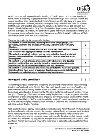 7 Inspection report for Leverhulme Children's Centre
17 Oct 2012, No. 100080
development as well as parents understanding of how to support and nurture learning at
home. Work is underway to prepare children for school through the ‘Transition Project’ and
secure links have been established with local childcare providers to share and learn good
early years practice. However, despite a three year rising trend in Early Years Foundation
Profile Scores and targeted gap narrowing activities, the achievement gap between the
lowest 20% of children in the Early Years Foundation Stage remains above the Bolton and
national averages. In addition, the centre have yet to interrogate the reduction in take-up of
free nursery places and an increase parents awareness of the links with children’s self-help
and independence skills with school readiness.
These are the grades for the outcomes for families:
The extent to which children, including those from target groups, are
physically, mentally and emotionally healthy and families have healthy
lifestyles
3
The extent to which children are safe and protected, their welfare concerns
are identified and appropriate steps taken to address them
2
The extent to which all children and parents, including those from target
groups, enjoy and achieve educationally and in their personal and social
development
3
The extent to which children engage in positive behaviour and develop
positive relationships, and parents, including those from target groups,
contribute to decision-making and governance of the centre
3
The extent to which children are developing skills for the future and parents,
including those from target groups, are developing economic stability and
independence including access to training and employment.
3
How good is the provision? 3
The centre provides a friendly and welcoming environment where families frequently drop
into the cafe’ and seek out a friendly face. ‘We really look forward to coming’ and ‘my son
gets so excited about coming, we talk about it all week’, confirms that this centre is
becoming a valued part of the community. The care, guidance and support families receive
are good. The range of literature, array of safety displays and constant support for families
during times of crisis ensures that, once engaged, they make positive strides in their health
and personal well-being. Staff are astute and able to identify needs, gently nurturing harder
to reach families into play and stimulation activities in the home and onto sensitive group
activities such as ‘Invited Families’.
Well-established inter-agency working between Children and Family Support Workers, health
professionals and social care in particular, ensures tailored family support across all levels of
need. Referral pathways are well established via the ‘Multi-Agency Referral Panel’ and
effective information sharing protocols ensure outcomes for families most at risk are closely
monitored and reviewed. Equally, secure arrangements for family contact visits and a child
and family friendly environment ensure the experience is both safe and enjoyable for those
concerned.
 