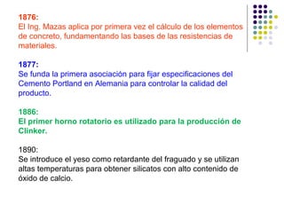 1876:
El Ing. Mazas aplica por primera vez el cálculo de los elementos
de concreto, fundamentando las bases de las resistencias de
materiales.
1877:
Se funda la primera asociación para fijar especificaciones del
Cemento Portland en Alemania para controlar la calidad del
producto.
1886:
El primer horno rotatorio es utilizado para la producción de
Clinker.
1890:
Se introduce el yeso como retardante del fraguado y se utilizan
altas temperaturas para obtener silicatos con alto contenido de
óxido de calcio.
 