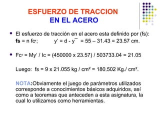 ESFUERZO DE TRACCION
EN EL ACERO
 El esfuerzo de tracción en el acero esta definido por (fs):
fs = n fc‫;י‬ y‘ = d - y¯ = 55 – 31.43 = 23.57 cm.
 Fc‫י‬ = My‘ / Ic = (450000 x 23.57) / 503733.04 = 21.05
Luego: fs = 9 x 21.055 kg / cm² = 180.502 Kg./ cm².
NOTA:Obviamente el juego de parámetros utilizados
corresponde a conocimientos básicos adquiridos, así
como a teoremas que anteceden a esta asignatura, la
cual lo utilizamos como herramientas.
 