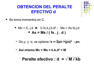 OBTENCION DEL PERALTE
EFECTIVO d
 Se toma momentos en C.
 Mc = C. j.d ► ½ fc.k.j.b.d² ; Ms = As fs.j.d
 As = Ms / ( fs . j . d )
 De µ y α, se optiene: k =√2pn +(pn)² - pn.
 Así mismo Mc = Ms = k.b.d² = M
 Peralte efectivo : d = √ M / kb
 