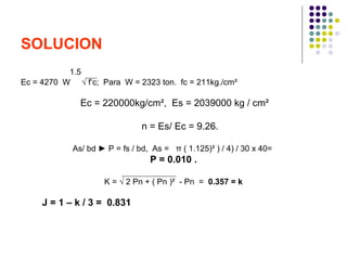 SOLUCION
1.5
Ec = 4270 W √ f‘c; Para W = 2323 ton. fc = 211kg./cm²
Ec = 220000kg/cm², Es = 2039000 kg / cm²
n = Es/ Ec = 9.26.
As/ bd ► P = fs / bd, As = π ( 1.125)² ) / 4) / 30 x 40=
P = 0.010 .
K = √ 2 Pn + ( Pn )² - Pn = 0.357 = k
J = 1 – k / 3 = 0.831
 