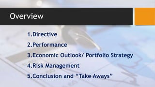 Overview
1.Directive
2.Performance
3.Economic Outlook/ Portfolio Strategy
4.Risk Management
5.Conclusion and “Take Aways”