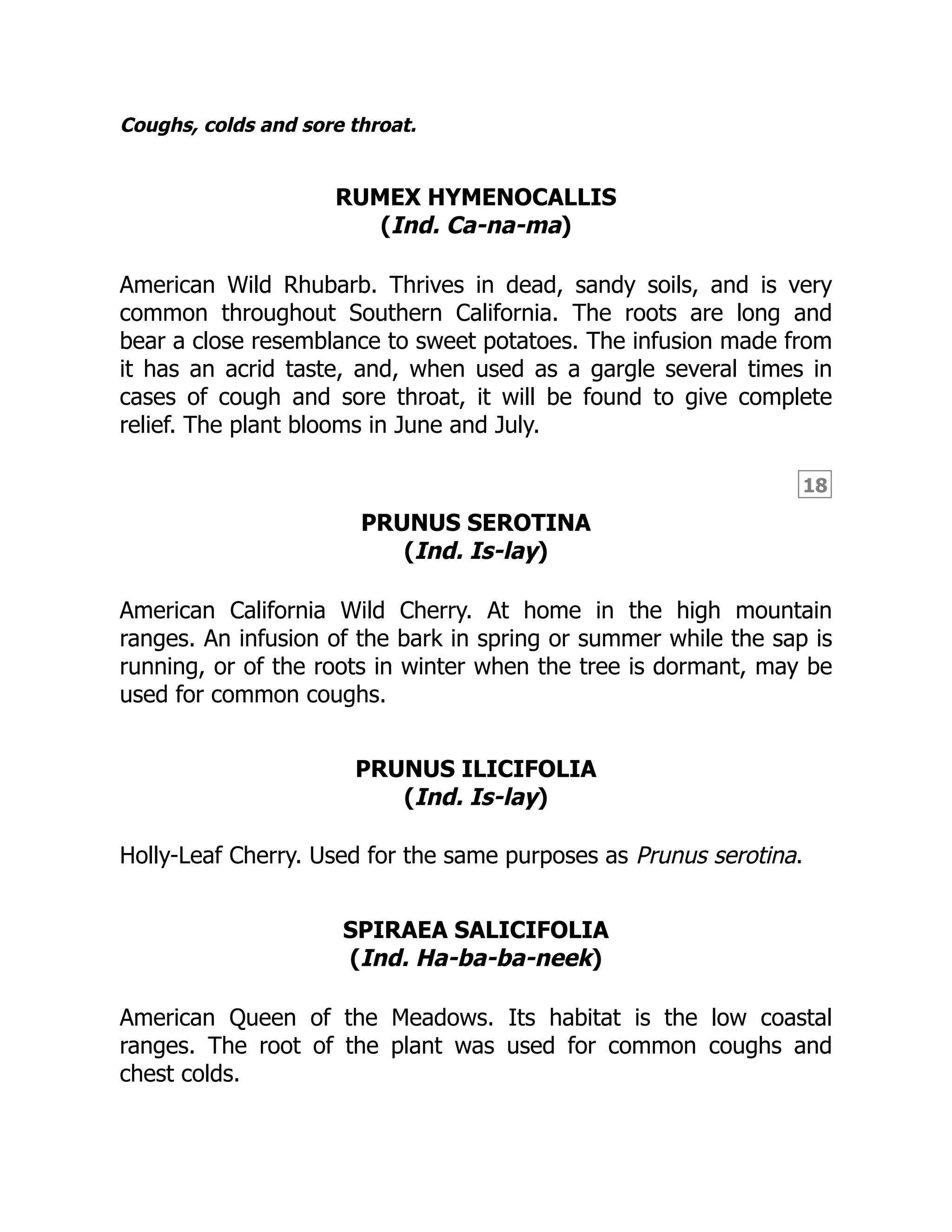 18
Coughs, colds and sore throat.
RUMEX HYMENOCALLIS
(Ind. Ca-na-ma)
American Wild Rhubarb. Thrives in dead, sandy soils, and is very
common throughout Southern California. The roots are long and
bear a close resemblance to sweet potatoes. The infusion made from
it has an acrid taste, and, when used as a gargle several times in
cases of cough and sore throat, it will be found to give complete
relief. The plant blooms in June and July.
PRUNUS SEROTINA
(Ind. Is-lay)
American California Wild Cherry. At home in the high mountain
ranges. An infusion of the bark in spring or summer while the sap is
running, or of the roots in winter when the tree is dormant, may be
used for common coughs.
PRUNUS ILICIFOLIA
(Ind. Is-lay)
Holly-Leaf Cherry. Used for the same purposes as Prunus serotina.
SPIRAEA SALICIFOLIA
(Ind. Ha-ba-ba-neek)
American Queen of the Meadows. Its habitat is the low coastal
ranges. The root of the plant was used for common coughs and
chest colds.
 