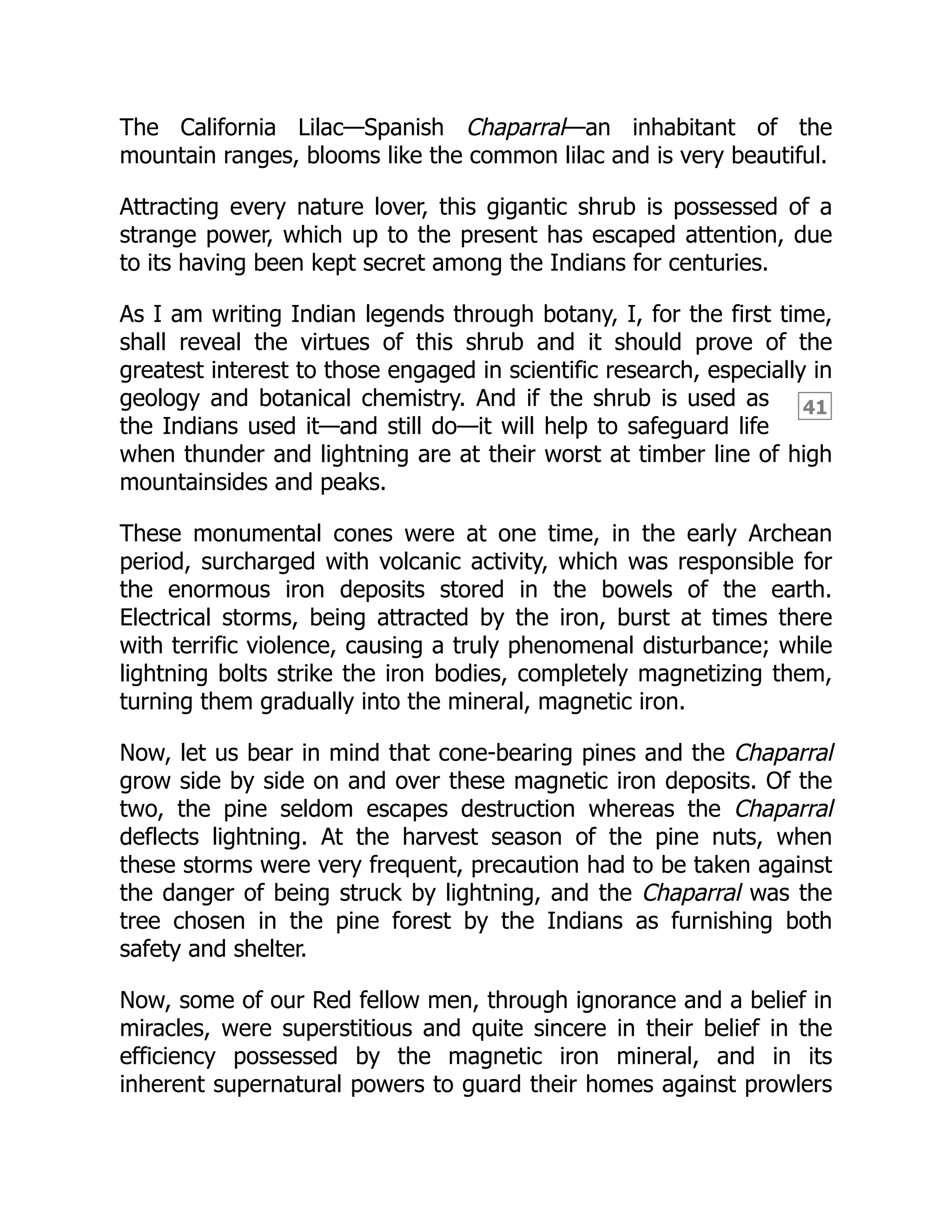 41
The California Lilac—Spanish Chaparral—an inhabitant of the
mountain ranges, blooms like the common lilac and is very beautiful.
Attracting every nature lover, this gigantic shrub is possessed of a
strange power, which up to the present has escaped attention, due
to its having been kept secret among the Indians for centuries.
As I am writing Indian legends through botany, I, for the first time,
shall reveal the virtues of this shrub and it should prove of the
greatest interest to those engaged in scientific research, especially in
geology and botanical chemistry. And if the shrub is used as
the Indians used it—and still do—it will help to safeguard life
when thunder and lightning are at their worst at timber line of high
mountainsides and peaks.
These monumental cones were at one time, in the early Archean
period, surcharged with volcanic activity, which was responsible for
the enormous iron deposits stored in the bowels of the earth.
Electrical storms, being attracted by the iron, burst at times there
with terrific violence, causing a truly phenomenal disturbance; while
lightning bolts strike the iron bodies, completely magnetizing them,
turning them gradually into the mineral, magnetic iron.
Now, let us bear in mind that cone-bearing pines and the Chaparral
grow side by side on and over these magnetic iron deposits. Of the
two, the pine seldom escapes destruction whereas the Chaparral
deflects lightning. At the harvest season of the pine nuts, when
these storms were very frequent, precaution had to be taken against
the danger of being struck by lightning, and the Chaparral was the
tree chosen in the pine forest by the Indians as furnishing both
safety and shelter.
Now, some of our Red fellow men, through ignorance and a belief in
miracles, were superstitious and quite sincere in their belief in the
efficiency possessed by the magnetic iron mineral, and in its
inherent supernatural powers to guard their homes against prowlers
 