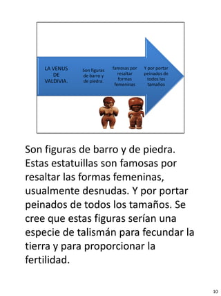 Son figuras de barro y de piedra.
Estas estatuillas son famosas por
resaltar las formas femeninas,
usualmente desnudas. Y por portar
peinados de todos los tamaños. Se
cree que estas figuras serían una
especie de talismán para fecundar la
tierra y para proporcionar la
fertilidad.

                                       10
 