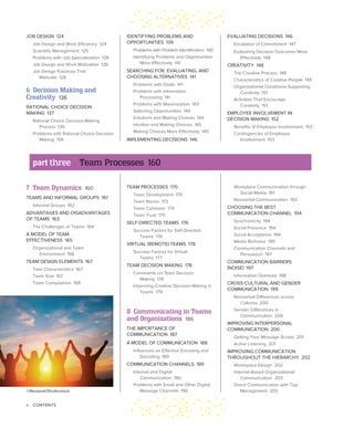 x CONTENTS
EVALUATING DECISIONS 146
Escalation of Commitment 147
Evaluating Decision Outcomes More
Effectively 148
CREATIVITY 148
The Creative Process 148
Characteristics of Creative People 149
Organizational Conditions Supporting
Creativity 151
Activities That Encourage
Creativity 151
EMPLOYEE INVOLVEMENT IN
DECISION MAKING 152
Benefits of Employee Involvement 153
Contingencies of Employee
Involvement 153
IDENTIFYING PROBLEMS AND
OPPORTUNITIES 139
Problems with Problem Identification 140
Identifying Problems and Opportunities
More Effectively 141
SEARCHING FOR, EVALUATING, AND
CHOOSING ALTERNATIVES 141
Problems with Goals 141
Problems with Information
Processing 141
Problems with Maximization 143
Selecting Opportunities 144
Emotions and Making Choices 144
Intuition and Making Choices 145
Making Choices More Effectively 145
IMPLEMENTING DECISIONS 146
JOB DESIGN 124
Job Design and Work Efficiency 124
Scientific Management 125
Problems with Job Specialization 126
Job Design and Work Motivation 126
Job Design Practices That
Motivate 128
6 Decision Making and
Creativity 136
RATIONAL CHOICE DECISION
MAKING 137
Rational Choice Decision-Making
Process 139
Problems with Rational Choice Decision
Making 139
7 Team Dynamics 160
TEAMS AND INFORMAL GROUPS 161
Informal Groups 162
ADVANTAGES AND DISADVANTAGES
OF TEAMS 163
The Challenges of Teams 164
A MODEL OF TEAM
EFFECTIVENESS 165
Organizational and Team
Environment 166
TEAM DESIGN ELEMENTS 167
Task Characteristics 167
Team Size 167
Team Composition 168
Workplace Communication through
Social Media 191
Nonverbal Communication 192
CHOOSING THE BEST
COMMUNICATION CHANNEL 194
Synchronicity 194
Social Presence 194
Social Acceptance 194
Media Richness 195
Communication Channels and
Persuasion 197
COMMUNICATION BARRIERS
(NOISE) 197
Information Overload 198
CROSS-CULTURAL AND GENDER
COMMUNICATION 199
Nonverbal Differences across
Cultures 200
Gender Differences in
Communication 200
IMPROVING INTERPERSONAL
COMMUNICATION 200
Getting Your Message Across 201
Active Listening 201
IMPROVING COMMUNICATION
THROUGHOUT THE HIERARCHY 202
Workspace Design 202
Internet-Based Organizational
Communication 203
Direct Communication with Top
Management 203
TEAM PROCESSES 170
Team Development 170
Team Norms 173
Team Cohesion 174
Team Trust 175
SELF-DIRECTED TEAMS 176
Success Factors for Self-Directed
Teams 176
VIRTUAL (REMOTE) TEAMS 176
Success Factors for Virtual
Teams 177
TEAM DECISION MAKING 178
Constraints on Team Decision
Making 178
Improving Creative Decision Making in
Teams 179
8 Communicating in Teams
and Organizations 186
THE IMPORTANCE OF
COMMUNICATION 187
A MODEL OF COMMUNICATION 188
Influences on Effective Encoding and
Decoding 189
COMMUNICATION CHANNELS 189
Internet and Digital
Communication 190
Problems with Email and Other Digital
Message Channels 190
©Moopixel/Shutterstock
part three Team Processes 160
 