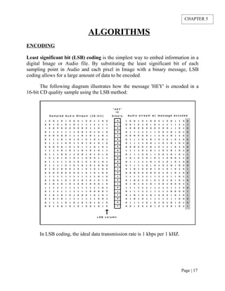 ALGORITHMS
ENCODING
Least significant bit (LSB) coding is the simplest way to embed information in a
digital Image or Audio file. By substituting the least significant bit of each
sampling point in Audio and each pixel in Image with a binary message, LSB
coding allows for a large amount of data to be encoded.
The following diagram illustrates how the message 'HEY' is encoded in a
16-bit CD quality sample using the LSB method:
In LSB coding, the ideal data transmission rate is 1 kbps per 1 kHZ.
Page | 17
CHAPTER 5
 