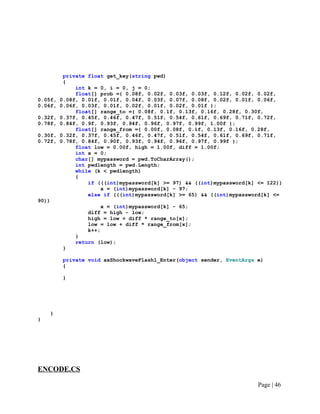 private float get_key(string pwd)
{
int k = 0, i = 0, j = 0;
float[] prob ={ 0.08f, 0.02f, 0.03f, 0.03f, 0.12f, 0.02f, 0.02f,
0.05f, 0.08f, 0.01f, 0.01f, 0.04f, 0.03f, 0.07f, 0.08f, 0.02f, 0.01f, 0.06f,
0.06f, 0.06f, 0.03f, 0.01f, 0.02f, 0.01f, 0.02f, 0.01f };
float[] range_to ={ 0.08f, 0.1f, 0.13f, 0.16f, 0.28f, 0.30f,
0.32f, 0.37f, 0.45f, 0.46f, 0.47f, 0.51f, 0.54f, 0.61f, 0.69f, 0.71f, 0.72f,
0.78f, 0.84f, 0.9f, 0.93f, 0.94f, 0.96f, 0.97f, 0.99f, 1.00f };
float[] range_from ={ 0.00f, 0.08f, 0.1f, 0.13f, 0.16f, 0.28f,
0.30f, 0.32f, 0.37f, 0.45f, 0.46f, 0.47f, 0.51f, 0.54f, 0.61f, 0.69f, 0.71f,
0.72f, 0.78f, 0.84f, 0.90f, 0.93f, 0.94f, 0.96f, 0.97f, 0.99f };
float low = 0.00f, high = 1.00f, diff = 1.00f;
int x = 0;
char[] mypassword = pwd.ToCharArray();
int pwdlength = pwd.Length;
while (k < pwdlength)
{
if (((int)mypassword[k] >= 97) && ((int)mypassword[k] <= 122))
x = (int)mypassword[k] - 97;
else if (((int)mypassword[k] >= 65) && ((int)mypassword[k] <=
90))
x = (int)mypassword[k] - 65;
diff = high - low;
high = low + diff * range_to[x];
low = low + diff * range_from[x];
k++;
}
return (low);
}
private void axShockwaveFlash1_Enter(object sender, EventArgs e)
{
}
}
}
ENCODE.CS
Page | 46
 