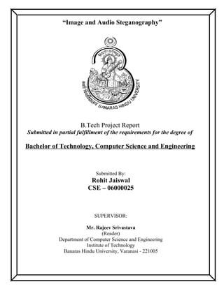 “Image and Audio Steganography”
B.Tech Project Report
Submitted in partial fulfillment of the requirements for the degree of
Bachelor of Technology, Computer Science and Engineering
Submitted By:
Rohit Jaiswal
CSE – 06000025
SUPERVISOR:
Mr. Rajeev Srivastava
(Reader)
Department of Computer Science and Engineering
Institute of Technology
Banaras Hindu University, Varanasi - 221005
 