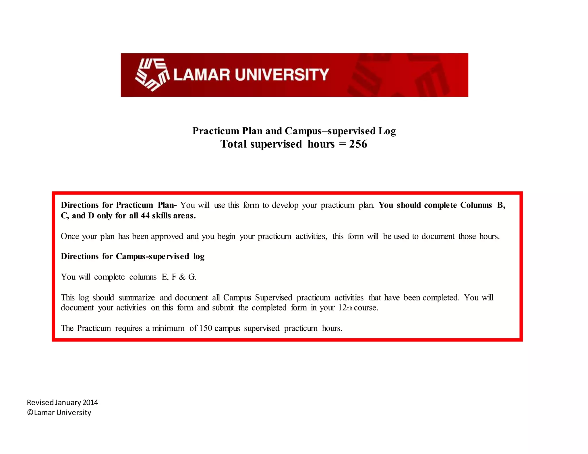Practicum Plan and Campus-supervised practicum activities log | PPT