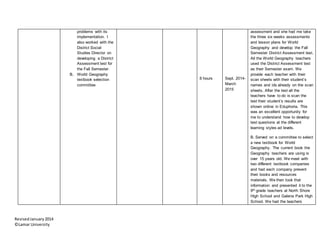 RevisedJanuary2014
©Lamar University
problems with its
implementation. I
also worked with the
District Social
Studies Director on
developing a District
Assessment test for
the Fall Semester.
B. World Geography
textbook selection
committee
8 hours Sept. 2014-
March
2015
assessment and she had me take
the three six weeks assessments
and lesson plans for World
Geography and develop the Fall
Semester District Assessment test.
All the World Geography teachers
used the District Assessment test
as their Semester exam. We
provide each teacher with their
scan sheets with their student’s
names and ids already on the scan
sheets. After the test all the
teachers have to do is scan the
test their student’s results are
shown online in Eduphoria. This
was an excellent opportunity for
me to understand how to develop
test questions at the different
learning styles ad levels.
B. Served on a committee to select
a new textbook for World
Geography. The current book the
Geography teachers are using is
over 15 years old. We meet with
two different textbook companies
and had each company present
their books and resources
materials. We then took that
information and presented it to the
9th grade teachers at North Shore
High School and Galena Park High
School. We had the teachers
 