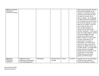 RevisedJanuary2014
©Lamar University
Skill 13. Supervision
of Extra/Co-
Curricular Education
tennis, for boys and girls. We have
held monthly meetings with all
coaches to coordinate the sports
activities and the transitions from
one sport to the other as the
season changes. I am responsible
for collecting all sports schedules
and checking them with each other
and the district calendar to insure
there are not conflicts. I have the
duty of being the first line of
communication between our
campus and the High School
Campus Coordinator. I have had to
work with conflict between coaches
concerning athletes that were
shared by the different sports
teams. We have to come up with
the best compromise for the
student when the student is
participating in two sports at the
same time. I also am the liaison
between the Athletic Director and
9th grade parents. I am responsible
for the security of the athletic
facilities and the scheduling of not
school events on the camps
facilities such as youth sport
games and YMCA contest.
Domain II:
Instructional
Leadership
Collaborate with an
experienced staff developer
in one staff development
Participating Principal & Asst.
Principal
6 hours Oct. 2014 I worked with one of my Assistant
Principal to plan implement,
instruct and evaluate a campus
 