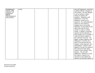 RevisedJanuary2014
©Lamar University
Competency 6:
Teacher (Staff)
Evaluation and
Development
Skill 14.
Staff Development/
Adult Learning
activity. . wide staff development opportunity
to address effective strategies for
LEP students. This was designed
to aid our teachers in better
serving our growing LEP
population. Designing a staff
development is much like
developing a lesson for my
classroom. As a staff development
creator you must create an
engaging lesson that provides
information, but also allows for the
staff to work with the actual
material in a learner centered
manner. In addition is extremely
important that the information is
being provided and it is provided in
a way that makes it relevant to
their classroom instruction. The
biggest complaint regarding staff
development is that they are a
waste of time because they are
irrelevant to their classroom. As a
staff developer I wanted to work
diligently to connect the material to
their classrooms while always
striving to make it relevant to the
teachers’. The LEP staff
development addressed an issue
that impacts a majority of our
instructors so the material was
pertinent and extremely relevant to
 