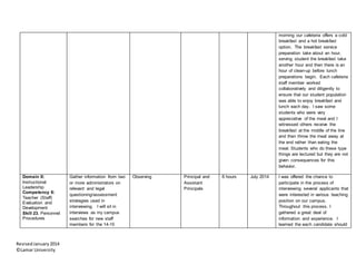 RevisedJanuary2014
©Lamar University
morning our cafeteria offers a cold
breakfast and a hot breakfast
option. The breakfast service
preparation take about an hour,
serving student the breakfast take
another hour and then there is an
hour of clean-up before lunch
preparations begin. Each cafeteria
staff member worked
collaboratively and diligently to
ensure that our student population
was able to enjoy breakfast and
lunch each day. I saw some
students who were very
appreciative of the meal and I
witnessed others receive the
breakfast at the middle of the line
and then throw the meal away at
the end rather than eating the
meal. Students who do these type
things are lectured but they are not
given consequences for this
behavior.
Domain II:
Instructional
Leadership
Competency 6:
Teacher (Staff)
Evaluation and
Development
Skill 23. Personnel
Procedures
Gather information from two
or more administrators on
relevant and legal
questioning/assessment
strategies used in
interviewing. I will sit in
interviews as my campus
searches for new staff
members for the 14-15
Observing Principal and
Assistant
Principals
6 hours July 2014 I was offered the chance to
participate in the process of
interviewing several applicants that
were interested in various teaching
position on our campus.
Throughout this process, I
gathered a great deal of
information and experience. I
learned the each candidate should
 