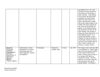 RevisedJanuary2014
©Lamar University
and walked out at 1 am in the
morning due to the slow pace of
the process and the arguing of
board members. I was informed
by my mentor the school board
completes the closed session
before the public session. The
board I was previously involved
with did this closed meeting in the
middle of the board meeting and
then came out and finished the
agenda. As the Athletic Director I
was expected to be there for the
entire meeting. This process of
having the closed meeting first, is a
more effective process. As a
campus administrator it is very
important to know the working of
school board meeting so that you
can know how to present ideas to
them in order to improve your
campus in a variety of ways.
Domain II:
Instructional
Leadership
Competency 4:
Curriculum,
Measurement, &
Alignment of
Resources
Skill 34-
Federal Programs
I will interview a school
diagnostician or a school
psychologist about the
student evaluation process
and deadlines.
Participating Principal &
Campus LSSP
2 hours Jan. 2015 This being an area I have very little
to no experience in, I spent a great
deal of time discussing the details
of the Campus LSSP job and
duties. I had the chance to talk to
our campus LSSP about our
schools RTI process. She also
informed me of various ways that
she would like to see out RTI
process altered. It is already a
 