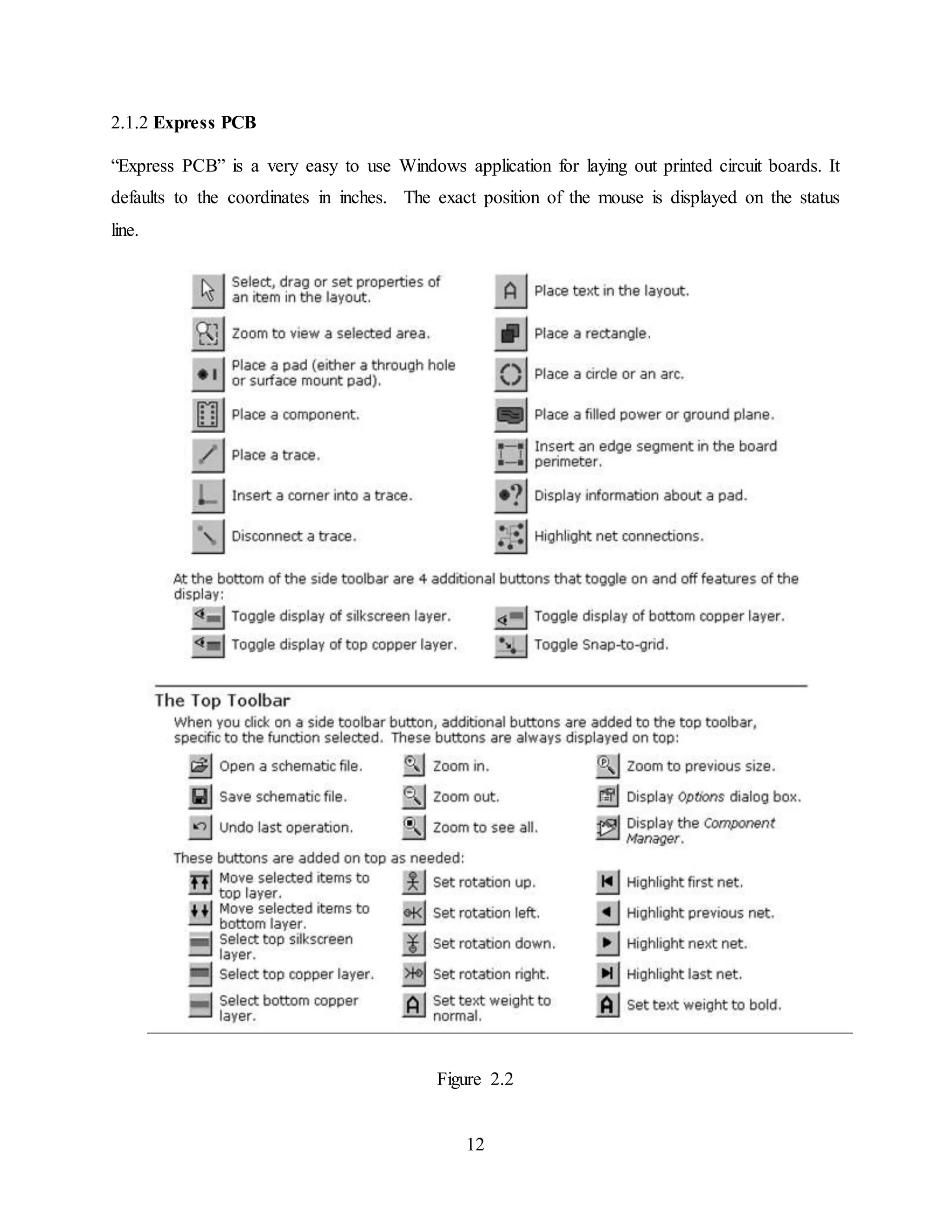 12
2.1.2 Express PCB
“Express PCB” is a very easy to use Windows application for laying out printed circuit boards. It
defaults to the coordinates in inches. The exact position of the mouse is displayed on the status
line.
Figure 2.2
 