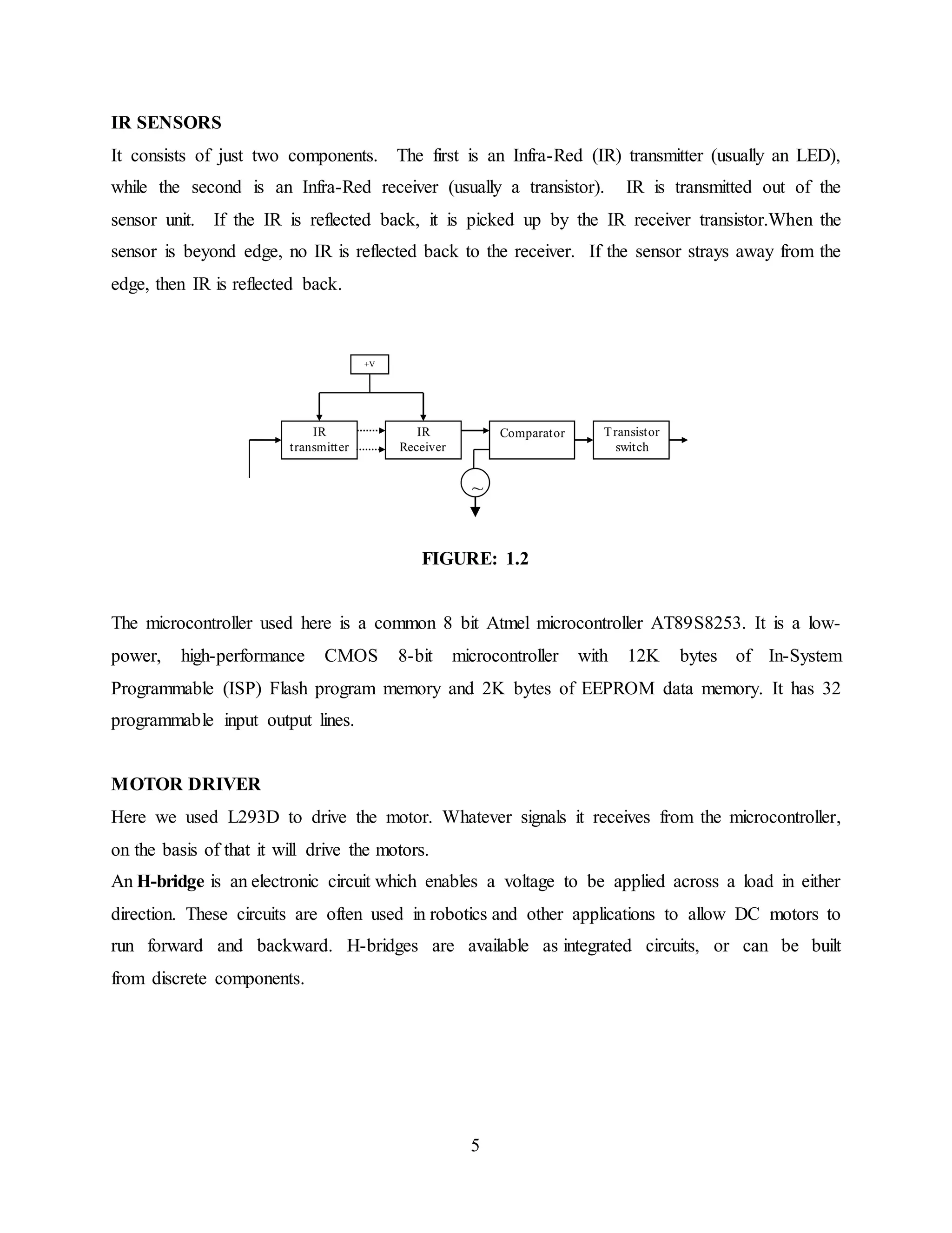 5
IR SENSORS
It consists of just two components. The first is an Infra-Red (IR) transmitter (usually an LED),
while the second is an Infra-Red receiver (usually a transistor). IR is transmitted out of the
sensor unit. If the IR is reflected back, it is picked up by the IR receiver transistor.When the
sensor is beyond edge, no IR is reflected back to the receiver. If the sensor strays away from the
edge, then IR is reflected back.
FIGURE: 1.2
The microcontroller used here is a common 8 bit Atmel microcontroller AT89S8253. It is a low-
power, high-performance CMOS 8-bit microcontroller with 12K bytes of In-System
Programmable (ISP) Flash program memory and 2K bytes of EEPROM data memory. It has 32
programmable input output lines.
MOTOR DRIVER
Here we used L293D to drive the motor. Whatever signals it receives from the microcontroller,
on the basis of that it will drive the motors.
An H-bridge is an electronic circuit which enables a voltage to be applied across a load in either
direction. These circuits are often used in robotics and other applications to allow DC motors to
run forward and backward. H-bridges are available as integrated circuits, or can be built
from discrete components.
IR
transmitter
IR
Receiver
Comparator
~
Transistor
switch
+V
 
