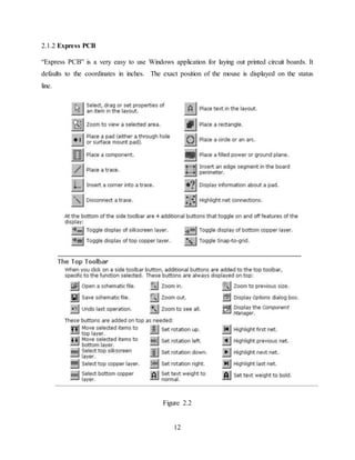 12
2.1.2 Express PCB
“Express PCB” is a very easy to use Windows application for laying out printed circuit boards. It
defaults to the coordinates in inches. The exact position of the mouse is displayed on the status
line.
Figure 2.2
 