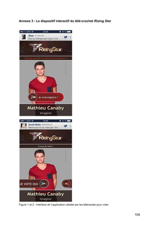 104
Annexe 3 : Le dispositif interactif du télé-crochet Rising Star
Figure 1 et 2 : Interface de l’application utilisée par les télénautes pour voter
 
