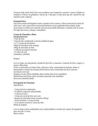 Amassar tudo muito bem.Unte uma assadeira com margarina, arrumar a massa todinha na
assadeira. Colocar na geladeira e deixar de 1 dia para o outro para que dê o ponto.No dia
seguinte corte e aprecie.

Strogonof doce
Faça uma receita de brigadeiro mole e quando estiver morno, colocar uma lata de creme de
leite com o soro, mexer bem acrescentar bastantes nozes quebradas bem miúdas, pode
acrescentar uva Itália sem semente, pois dá um gostinho diferente e combina com as nozes.
No lugar das nozes, coloque o amendoim.

Creme de Chocolate e Rum
INGREDIENTES
1 litro de leite
1 lata de leite condensado a mesma medida de água
1 e 1/2 xícara de chá açúcar
100gr de chocolate meio amargo
100gr de chocolate ao leite
7 colheres de sopa de maisena
1/2 cálice de rum
Amandita e chantilly

Preparo

Leve ao fogo, em uma panela, metade do leite frio, a maisena, o restante do leite, a água e o
açúcar. Mexa bem.
Corte os chocolates em fatias finas, adicione o leite, misturando até derreter, então vá
derramando a mistura da maisena dissolvida no leite, misturando até ficar cremoso.
Aromatize com rum.
Despeje em uma fôrma molhada, deixe esfriar, para levar à geladeira.
Desenforme bem firme sobre um prato, guarneça com amanditas.
Sirva com chantilly batido

Estrogonofe de Chocolate
Ingredientes

- 2 latas de leite condensado
- 8 colheres (sopa) de achocolatado
- 2 claras em neve
- 2 latas de creme de leite sem soro
- Raspas de chocolate (mais ou menos 200 g)
- Nozes picadas (1 xícara de chá)
- Uvas passas escuras (1 xícara de chá)
Modo de preparo

Leve ao fogo o leite condensado com o achocolatado e cozinhe até o ponto de brigadeiro
(por cerca de 15 min).
Deixe esfriar.
 