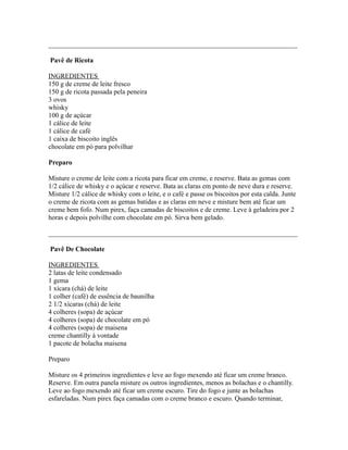 _________________________________________________________________________

Pavê de Ricota

INGREDIENTES
150 g de creme de leite fresco
150 g de ricota passada pela peneira
3 ovos
whisky
100 g de açúcar
1 cálice de leite
1 cálice de café
1 caixa de biscoito inglês
chocolate em pó para polvilhar

Preparo

Misture o creme de leite com a ricota para ficar em creme, e reserve. Bata as gemas com
1/2 cálice de whisky e o açúcar e reserve. Bata as claras em ponto de neve dura e reserve.
Misture 1/2 cálice de whisky com o leite, e o café e passe os biscoitos por esta calda. Junte
o creme de ricota com as gemas batidas e as claras em neve e misture bem até ficar um
creme bem fofo. Num pirex, faça camadas de biscoitos e de creme. Leve à geladeira por 2
horas e depois polvilhe com chocolate em pó. Sirva bem gelado.

_________________________________________________________________________

Pavê De Chocolate

INGREDIENTES
2 latas de leite condensado
1 gema
1 xícara (chá) de leite
1 colher (café) de essência de baunilha
2 1/2 xícaras (chá) de leite
4 colheres (sopa) de açúcar
4 colheres (sopa) de chocolate em pó
4 colheres (sopa) de maisena
creme chantilly à vontade
1 pacote de bolacha maisena

Preparo

Misture os 4 primeiros ingredientes e leve ao fogo mexendo até ficar um creme branco.
Reserve. Em outra panela misture os outros ingredientes, menos as bolachas e o chantilly.
Leve ao fogo mexendo até ficar um creme escuro. Tire do fogo e junte as bolachas
esfareladas. Num pirex faça camadas com o creme branco e escuro. Quando terminar,
 