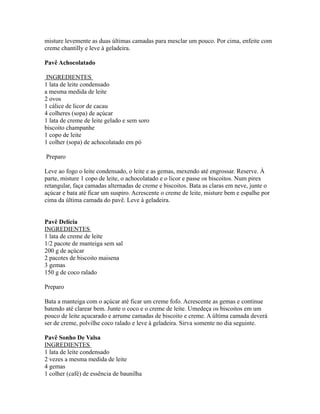 misture levemente as duas últimas camadas para mesclar um pouco. Por cima, enfeite com
creme chantilly e leve à geladeira.

Pavê Achocolatado

 INGREDIENTES
1 lata de leite condensado
a mesma medida de leite
2 ovos
1 cálice de licor de cacau
4 colheres (sopa) de açúcar
1 lata de creme de leite gelado e sem soro
biscoito champanhe
1 copo de leite
1 colher (sopa) de achocolatado em pó

Preparo

Leve ao fogo o leite condensado, o leite e as gemas, mexendo até engrossar. Reserve. À
parte, misture 1 copo de leite, o achocolatado e o licor e passe os biscoitos. Num pirex
retangular, faça camadas alternadas de creme e biscoitos. Bata as claras em neve, junte o
açúcar e bata até ficar um suspiro. Acrescente o creme de leite, misture bem e espalhe por
cima da última camada do pavê. Leve à geladeira.


Pavê Delícia
INGREDIENTES
1 lata de creme de leite
1/2 pacote de manteiga sem sal
200 g de açúcar
2 pacotes de biscoito maisena
3 gemas
150 g de coco ralado

Preparo

Bata a manteiga com o açúcar até ficar um creme fofo. Acrescente as gemas e continue
batendo até clarear bem. Junte o coco e o creme de leite. Umedeça os biscoitos em um
pouco de leite açucarado e arrume camadas de biscoito e creme. A última camada deverá
ser de creme, polvilhe coco ralado e leve à geladeira. Sirva somente no dia seguinte.

Pavê Sonho De Valsa
INGREDIENTES
1 lata de leite condensado
2 vezes a mesma medida de leite
4 gemas
1 colher (café) de essência de baunilha
 