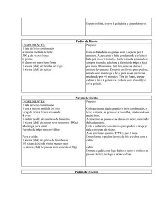Espere esfriar, leve-o à geladeira e desenforme-o.




                                          Pudim de Ricota
INGREDIENTES                                     Preparo
1 lata de leite condensado
a mesma medida de leite                           Bata na batedeira as gemas com o açúcar por 3
500 g de ricota fresca                            minutos. Acrescente o leite condensado e o leite e
6 gemas                                           bata por mais 5 minutos. Junte a ricota amassada e
6 claras em neve bem firme                        sempre batendo, adicione a farinha de trigo e bata
1 xícara (chá) de farinha de trigo                por mais 10 minutos. Por fim junte as claras e
1 xícara (chá) de açúcar                          misture levemente. Despeje em forma para pudim,
                                                  untada com manteiga e leve para assar em forno
                                                  moderado por 40 minutos. Tire do forno, espere
                                                  esfriar e leve à geladeira. Enfeite com chantilly e
                                                  sirva gelado.



                                          Nuvem de Ricota
INGREDIENTES                                    Preparo
1 lata de leite condensado
1 vez a mesma medida de leite                   Coloque numa tigela grande o leite condensado, o
½ kg de ricota fresca amassada                  leite, a ricota, as gemas e a baunilha, misturando-os
4 ovos                                          muito bem.
1 colher (café) de essência de baunilha         Acrescente as passas e as claras em neve, mexendo
1 xícara (chá) de passas sem sementes (100g)    delicadamente.
Manteiga para untar                             Unte e enfarinhe uma fôrma para pudim e despeje
Farinha de trigo para polvilhar                 nela a mistura de ricota.
                                                Asse em forno quente (175ºC), por 1 hora.
Para a calda:                                   Desenforme o pudim depois de frio e cubra com a
1 xícara (chá) de geléia de framboesa           calda.
1/3 xícara (chá) de vinho branco seco
½ xícara (chá) de passas sem sementes (50g)     calda:
                                                Derreta a geléia em fogo baixo e junte o vinho e as
                                                passas. Retire do fogo e deixe esfriar.




                                         Pudim de 3 Leites
 