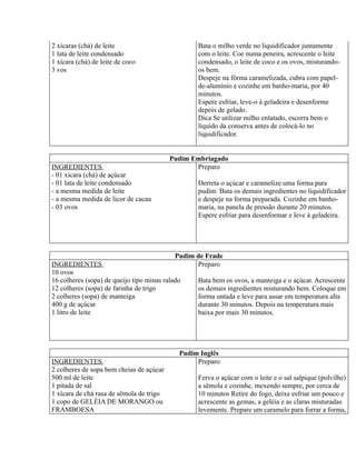 2 xícaras (chá) de leite                          Bata o milho verde no liquidificador juntamente
1 lata de leite condensado                        com o leite. Coe numa peneira, acrescente o leite
1 xícara (chá) de leite de coco                   condensado, o leite de coco e os ovos, misturando-
3 vos                                             os bem.
                                                  Despeje na fôrma caramelizada, cubra com papel-
                                                  de-alumínio e cozinhe em banho-maria, por 40
                                                  minutos.
                                                  Espere esfriar, leve-o à geladeira e desenforme
                                                  depois de gelado.
                                                  Dica Se utilizar milho enlatado, escorra bem o
                                                  líquido da conserva antes de colocá-lo no
                                                  liquidificador.


                                          Pudim Embriagado
INGREDIENTES                                     Preparo
- 01 xícara (chá) de açúcar
- 01 lata de leite condensado                     Derreta o açúcar e caramelize uma forma para
- a mesma medida de leite                         pudim. Bata os demais ingredientes no liquidificador
- a mesma medida de licor de cacau                e despeje na forma preparada. Cozinhe em banho-
- 03 ovos                                         maria, na panela de pressão durante 20 minutos.
                                                  Espere esfriar para desenformar e leve à geladeira.




                                            Pudim de Frade
INGREDIENTES                                      Preparo
10 ovos
16 colheres (sopa) de queijo tipo minas ralado    Bata bem os ovos, a manteiga e o açúcar. Acrescente
12 colheres (sopa) de farinha de trigo            os demais ingredientes misturando bem. Coloque em
2 colheres (sopa) de manteiga                     forma untada e leve para assar em temperatura alta
400 g de açúcar                                   durante 30 minutos. Depois na temperatura mais
1 litro de leite                                  baixa por mais 30 minutos.




                                            Pudim Inglês
INGREDIENTES                                     Preparo
2 colheres de sopa bem cheias de açúcar
500 ml de leite                                   Ferva o açúcar com o leite e o sal salpique (polvilhe)
1 pitada de sal                                   a sêmola e cozinhe, mexendo sempre, por cerca de
1 xícara de chá rasa de sêmola de trigo           10 minutos Retire do fogo, deixe esfriar um pouco e
1 copo de GELÉIA DE MORANGO ou                    acrescente as gemas, a geléia e as claras misturadas
FRAMBOESA                                         levemente. Prepare um caramelo para forrar a forma,
 