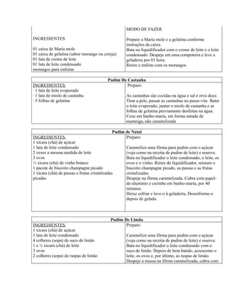 MODO DE FAZER

INGREDIENTES                                        Prepare a Maria mole e a gelatina conforme
                                                    instruções da caixa.
01 caixa de Maria mole                              Bata no liquidificador com o creme de leite e o leite
01 caixa de gelatina (sabor morango ou cereja)      condensado. Despeje em uma compoteira e leve a
01 lata de creme de leite                           geladeira por 01 hora.
01 lata de leite condensado                         Retire e enfeite com os morangos.
morangos para enfeitar

                                            Pudim De Castanha
INGREDIENTES                                         Preparo
· 1 lata de leite evaporado
· 1 lata de miolo de castanha                       As castanhas são cozidas na água e sal e erva doce.
· 5 folhas de gelatina                              Tirar a pele, passar as castanhas no passe-vite. Bater
                                                    o leite evaporado, juntar o miolo de castanha e as
                                                    folhas de gelatina previamente desfeitas na água.
                                                    Coze em banho-maria, em forma untada de
                                                    manteiga, não caramelizada

                                              Pudim de Natal
INGREDIENTES                                        Preparo
1 xícara (chá) de açúcar
1 lata de leite condensado                          Caramelize uma fôrma para pudim com o açúcar
2 vezes a mesma medida de leite                     (veja como na receita de pudim de leite) e reserve.
3 ovos                                              Bata no liquidificador o leite condensado, o leite, os
½ xícara (chá) de vinho branco                      ovos e o vinho. Retire do liquidificador, misture o
1 pacote de biscoito champagne picado               biscoito champagne picado, as passas e as frutas
1 xícara (chá) de passas e frutas cristalizadas     cristalizadas.
picadas                                             Despeje na fôrma caramelizada. Cubra com papel-
                                                    de-alumínio e cozinhe em banho-maria, por 40
                                                    minutos.
                                                    Deixe esfriar e leve-o à geladeira, Desenforme-o
                                                    depois de gelado.



                                             Pudim De Limão
INGREDIENTES                                        Preparo
1 xícara (chá) de açúcar
1 lata de leite condensado                          Caramelize uma fôrma para pudim com o açúcar
4 colheres (sopa) de suco de limão                  (veja como na receita de pudim de leite) e reserve.
1 e ½ xícara (chá) de leite                         Bata no liquidificador o leite condensado com o
3 ovos                                              suco de limão. Depois de bem batido, acrescente o
2 colheres (sopa) de raspas de limão                leite, os ovos e, por último, as raspas de limão.
                                                    Despeje a massa na fôrma caramelizada, cubra com
 