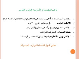 ‫العربي‬ ‫للمغرب‬ ‫األساسية‬ ‫المؤسسات‬ ‫هي‬ ‫ما‬
.1
‫الرئاسة‬ ‫مجلس‬
. :
‫باالجماع‬ ‫القرارات‬ ‫باتخاذ‬ ‫يقوم‬ ‫االتحاد‬ ‫في‬ ‫مؤسسة‬ ‫أعلى‬ ‫هو‬
.2
‫العامة‬ ‫األمانة‬
:
‫االتحاد‬ ‫لشؤون‬ ‫عامة‬ ‫إدارة‬
.3
‫الشورى‬ ‫مجلس‬
:
.‫القرارات‬ ‫مشاريع‬ ‫في‬ ‫رأيه‬ ‫يبدي‬
.4
‫القضاء‬ ‫هيئة‬
:
‫النزاعات‬ ‫في‬ ‫النظر‬
.5
‫الخارجية‬ ‫وزراء‬ ‫مجلس‬
:
.‫الرئاسة‬ ‫مجلس‬ ‫دورات‬ ‫يحضر‬
‫المشتركة‬ ‫القرارات‬ ‫األعضاء‬ ‫الدول‬ ‫تطبق‬
 