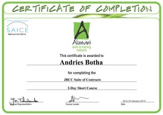 28 & 29 January 2014
Andries Botha
SAICEcon13/01350/16
JBCC Suite of Contracts
2-Day Short Course
 