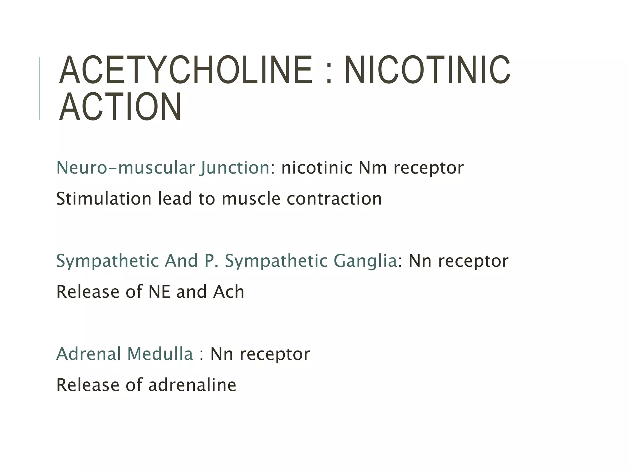 ACETYCHOLINE : NICOTINIC
ACTION
Neuro-muscular Junction: nicotinic Nm receptor
Stimulation lead to muscle contraction
Sympathetic And P. Sympathetic Ganglia: Nn receptor
Release of NE and Ach
Adrenal Medulla : Nn receptor
Release of adrenaline
 