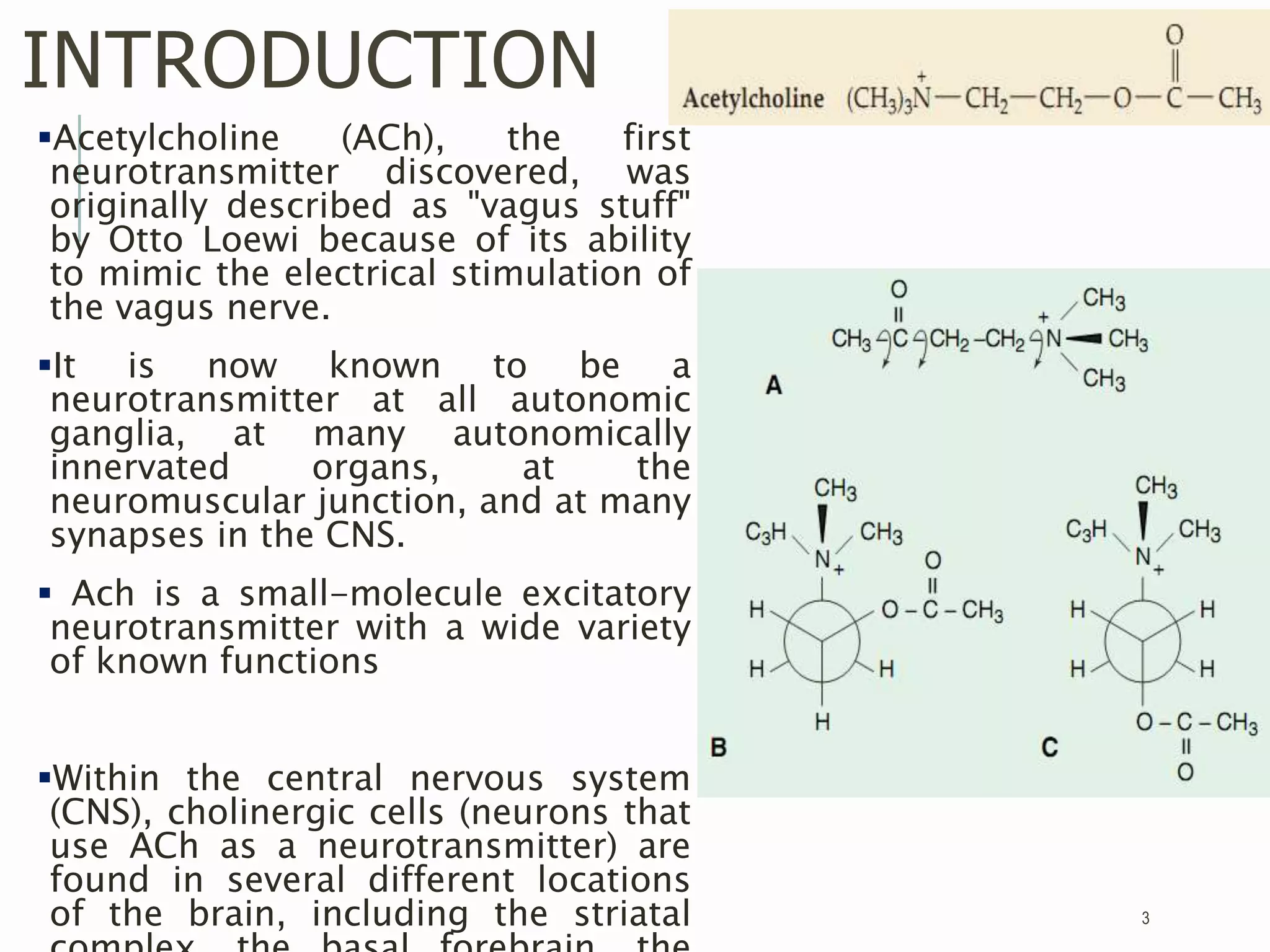 INTRODUCTION
Acetylcholine (ACh), the first
neurotransmitter discovered, was
originally described as "vagus stuff"
by Otto Loewi because of its ability
to mimic the electrical stimulation of
the vagus nerve.
It is now known to be a
neurotransmitter at all autonomic
ganglia, at many autonomically
innervated organs, at the
neuromuscular junction, and at many
synapses in the CNS.
 Ach is a small-molecule excitatory
neurotransmitter with a wide variety
of known functions
Within the central nervous system
(CNS), cholinergic cells (neurons that
use ACh as a neurotransmitter) are
found in several different locations
of the brain, including the striatal 3
 