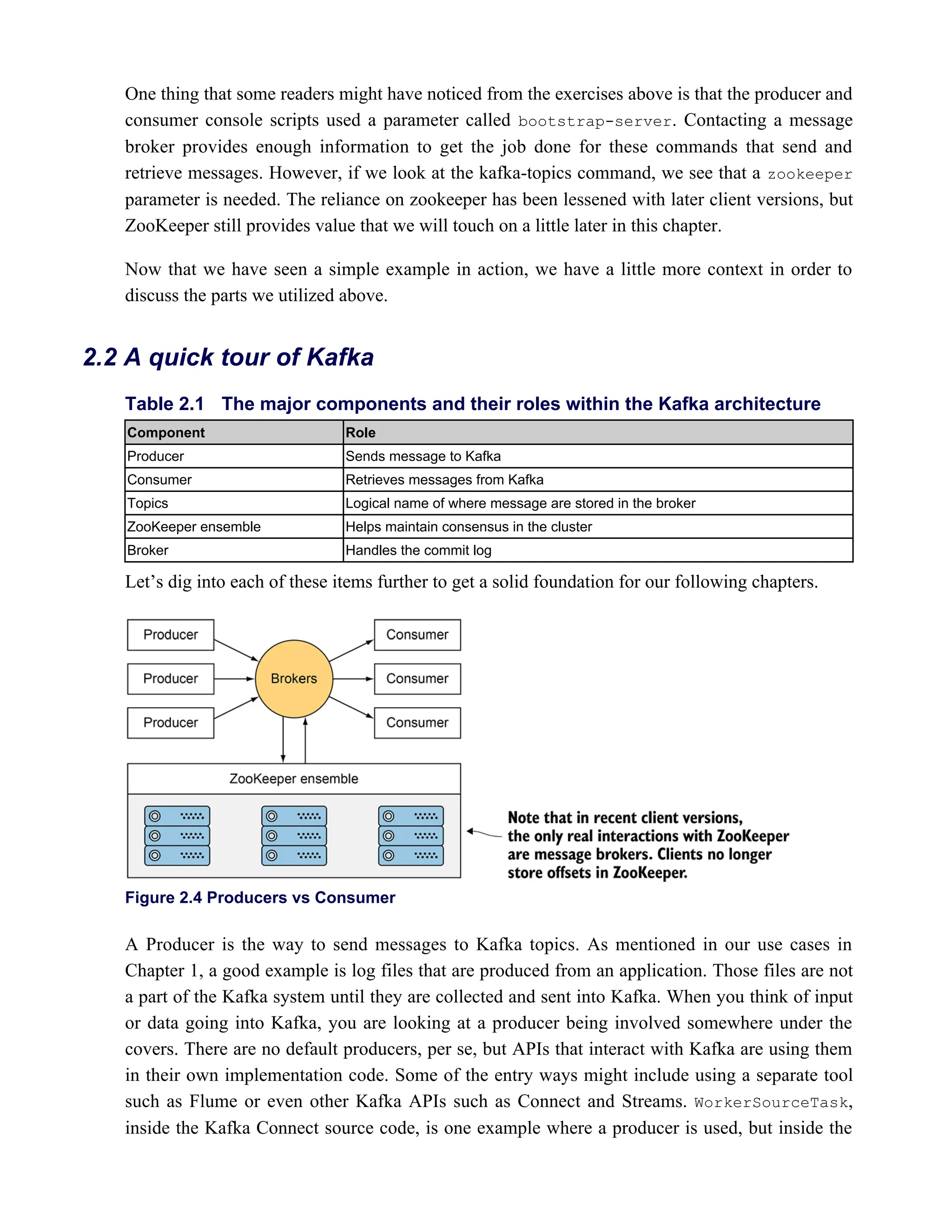 One thing that some readers might have noticed from the exercises above is that the producer and
consumer console scripts used a parameter called bootstrap-server. Contacting a message
broker provides enough information to get the job done for these commands that send and
retrieve messages. However, if we look at the kafka-topics command, we see that a zookeeper
parameter is needed. The reliance on zookeeper has been lessened with later client versions, but
ZooKeeper still provides value that we will touch on a little later in this chapter.
Now that we have seen a simple example in action, we have a little more context in order to
discuss the parts we utilized above.
Let’s dig into each of these items further to get a solid foundation for our following chapters.
Figure 2.4 Producers vs Consumer
A Producer is the way to send messages to Kafka topics. As mentioned in our use cases in
Chapter 1, a good example is log files that are produced from an application. Those files are not
a part of the Kafka system until they are collected and sent into Kafka. When you think of input
or data going into Kafka, you are looking at a producer being involved somewhere under the
covers. There are no default producers, per se, but APIs that interact with Kafka are using them
in their own implementation code. Some of the entry ways might include using a separate tool
such as Flume or even other Kafka APIs such as Connect and Streams. ,
WorkerSourceTask
inside the Kafka Connect source code, is one example where a producer is used, but inside the
2.2 A quick tour of Kafka
Table 2.1 The major components and their roles within the Kafka architecture
m
Component Role
Producer Sends message to Kafka
Consumer Retrieves messages from Kafka
Topics Logical name of where message are stored in the broker
ZooKeeper ensemble Helps maintain consensus in the cluster
Broker Handles the commit log
 