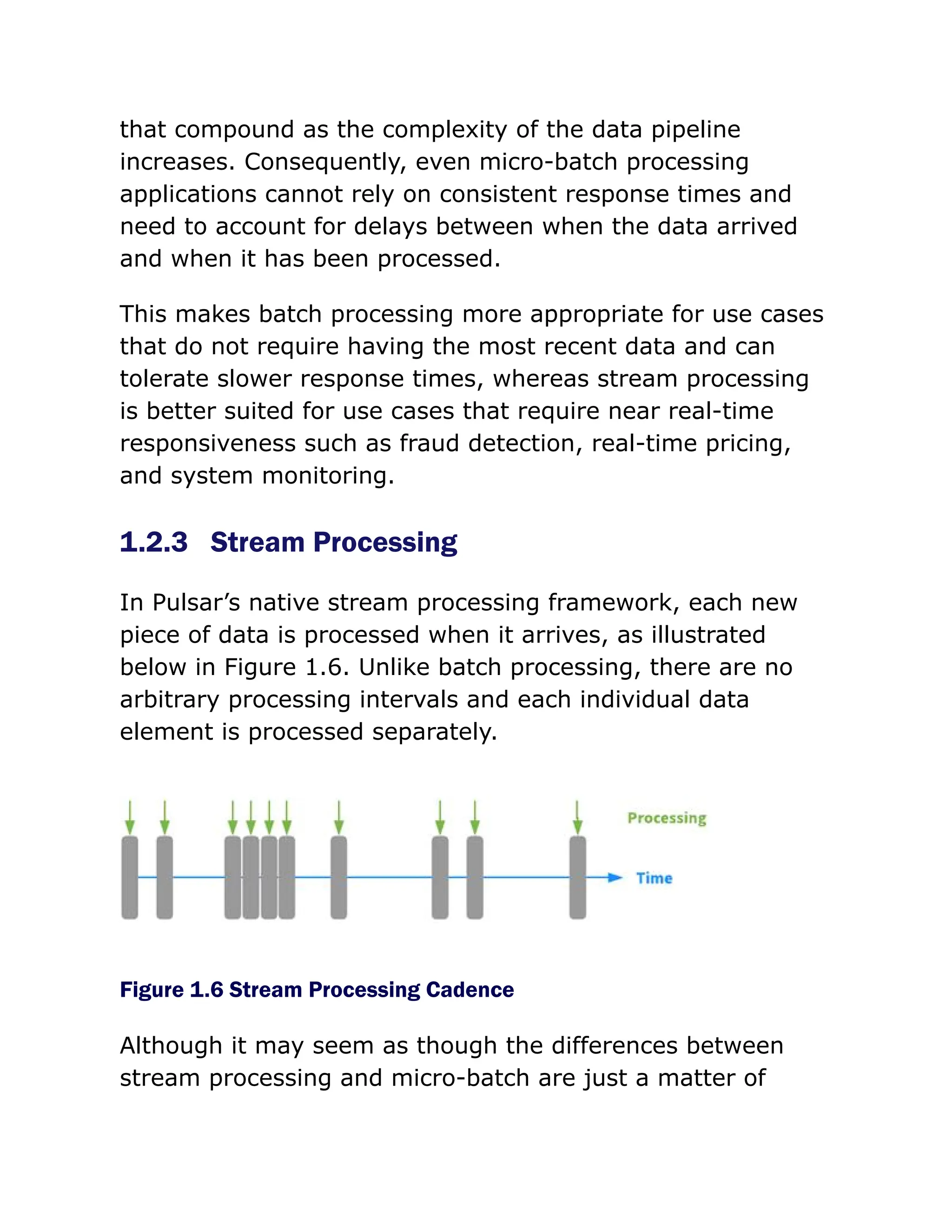 that compound as the complexity of the data pipeline
increases. Consequently, even micro-batch processing
applications cannot rely on consistent response times and
need to account for delays between when the data arrived
and when it has been processed.
This makes batch processing more appropriate for use cases
that do not require having the most recent data and can
tolerate slower response times, whereas stream processing
is better suited for use cases that require near real-time
responsiveness such as fraud detection, real-time pricing,
and system monitoring.
1.2.3 Stream Processing
In Pulsar’s native stream processing framework, each new
piece of data is processed when it arrives, as illustrated
below in Figure 1.6. Unlike batch processing, there are no
arbitrary processing intervals and each individual data
element is processed separately.
Figure 1.6 Stream Processing Cadence
Although it may seem as though the differences between
stream processing and micro-batch are just a matter of
 